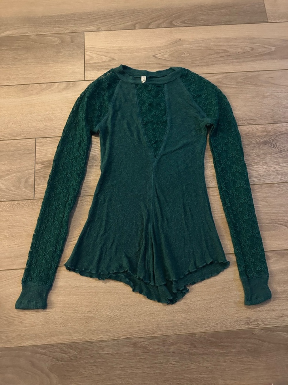 Free People Dark Green Lace-Inset Long Sleeve Top